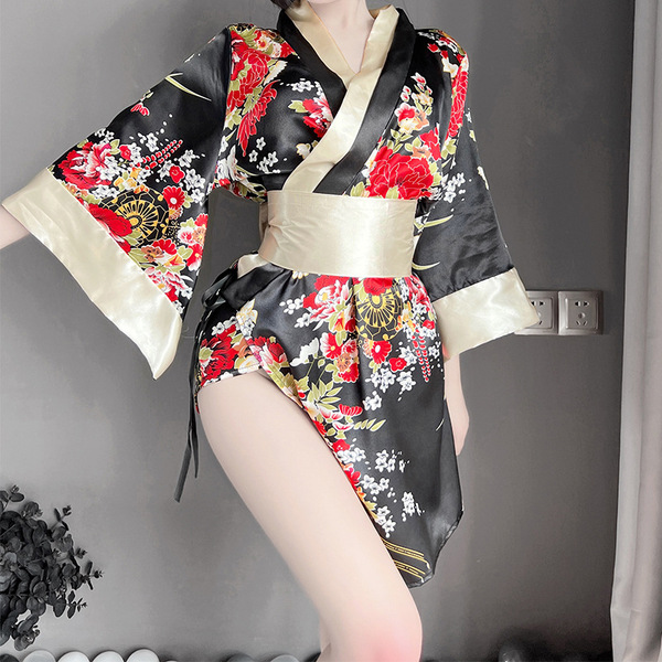 Rinlinx japanese kimono lingerie set - a stylish black kimono with vibrant floral patterns and gold accents, perfect for cute...