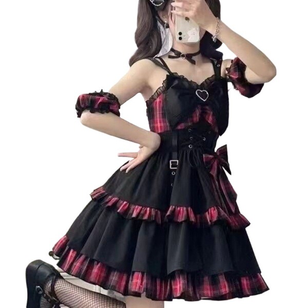 A black and red plaid rock gothic lolita dress featuring a strapless design, double-sided lace, and blue accent details.