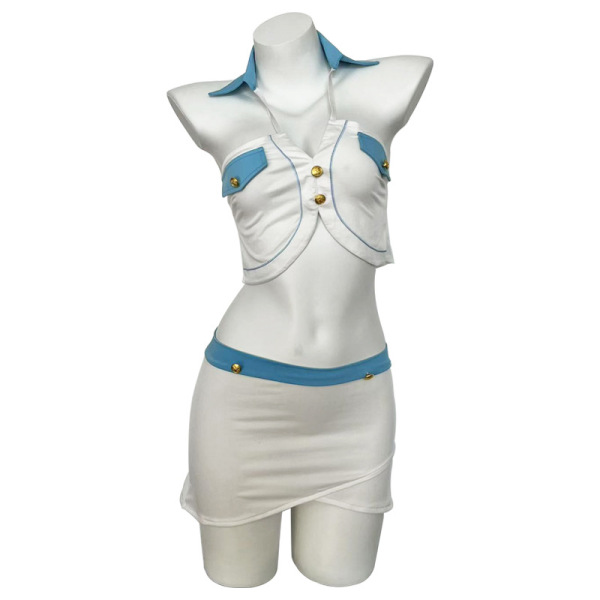White and blue airline-style bodysuit with shoulder cutouts, gold buttons, and a fitted skirt—perfect for date night.