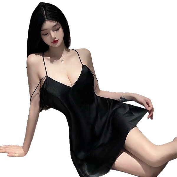 Elegant black satin nightgown with delicate lace detailing, perfect for romantic sleepwear and seductive evening outfits.