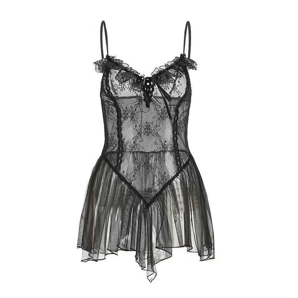 Sheer black lace camisole nightwear with floral details and tulle skirt, part of romantic lace sleepwear set for women.