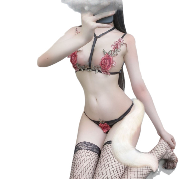 Woman wearing romantic midnight rose lace lingerie set with sheer mesh, floral embroidery, and matching garter stockings.