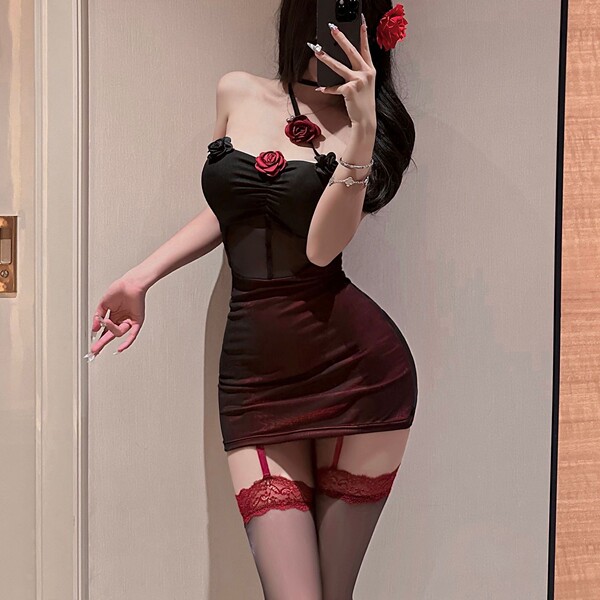 Sexy Lace Bodysuit with Built-in Pads - New Year Party Wear, Sheer Mesh Nightclub Outfit for Women - Rose-colored bodycon skirt