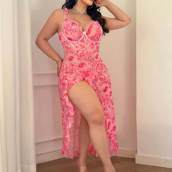 Sexy womens nightgown with rose print, sheer fabric, plus size design featuring thong underlay for a stylish two-piece look.