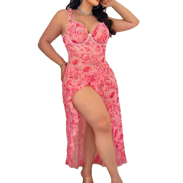 Sexy womens nightgown with rose print, sheer fabric, plus size design, featuring a high slit and thong style for a glamorous ...
