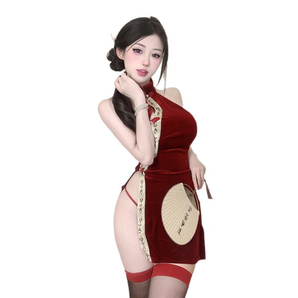 Red silk velvet qipao lingerie set featuring lace-up design, cut-outs, and mandarin buttons, perfect for chinese-style erotic...