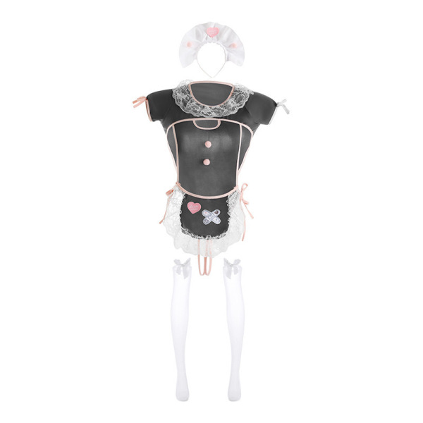 Rouxixue sexy maid costume set – black lace bodysuit with pink trim, heart & bow details, open-crotch design, white stockings...