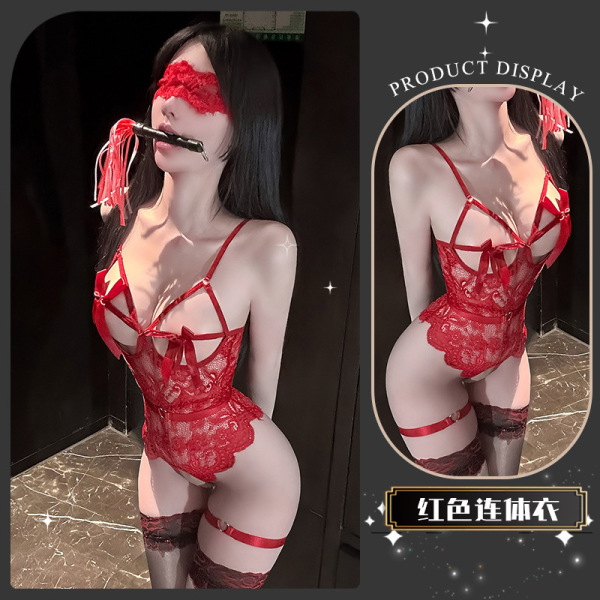 Chaomu Sensual Lingerie for Women – Pure-Yet-Alluring Lace Erotic Set with Sheer Stockings & Insertable Design - Soft Piano Enjoy* Red + Red Boundless Stockings