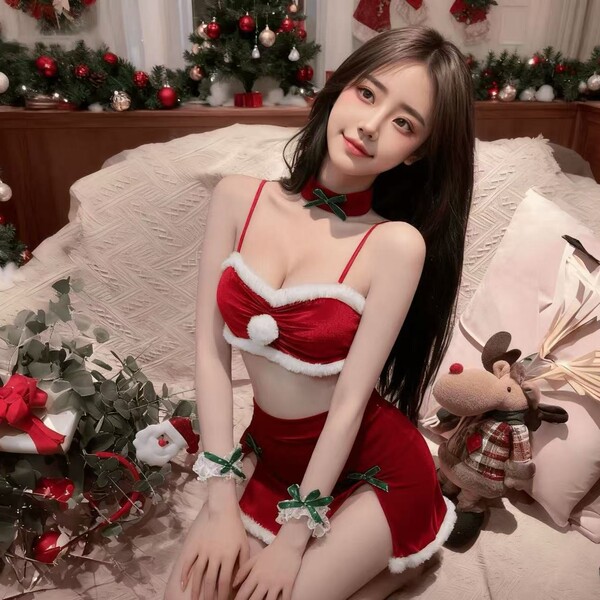 A woman poses in a festive setting wearing a rudolph-themed sexy lace lingerie set, perfect for christmas and new year role p...