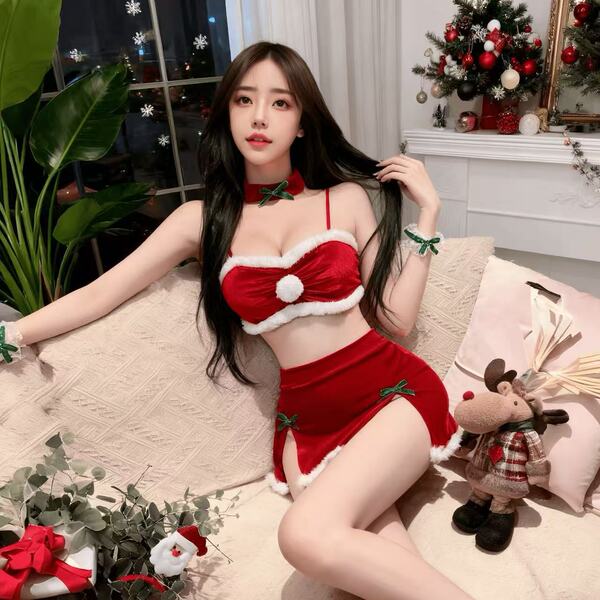 Sexy rudolph-themed lace lingerie set in premium velvet, perfect for christmas and new year role play.