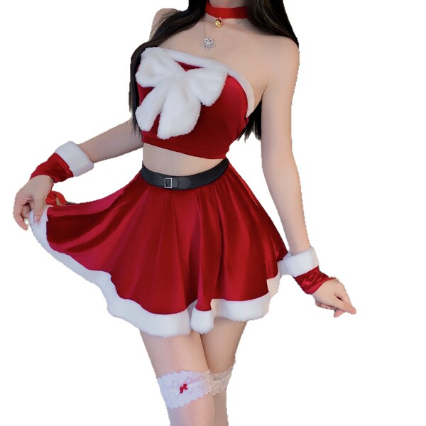 Sexy rudolph-themed christmas outfit with bow top and skirt, perfect for holiday parties and date night ensembles