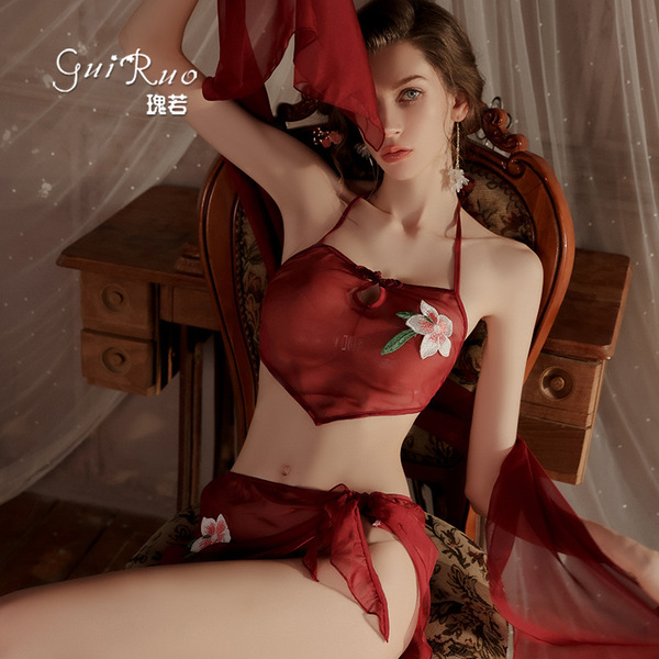 Gui ruo womens sensual vintage-inspired lingerie set featuring hanfu-style bodysuit, shorts, and shawl outfit with floral emb...