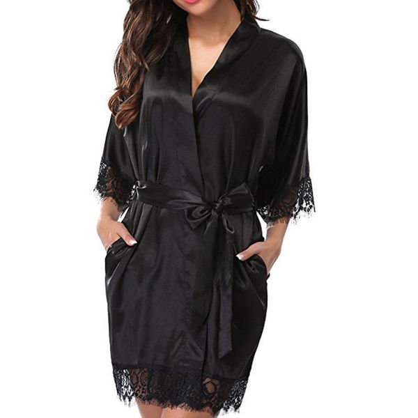 Black ice silk robe with lace trim, elegant design perfect for lounging and intimate wear.