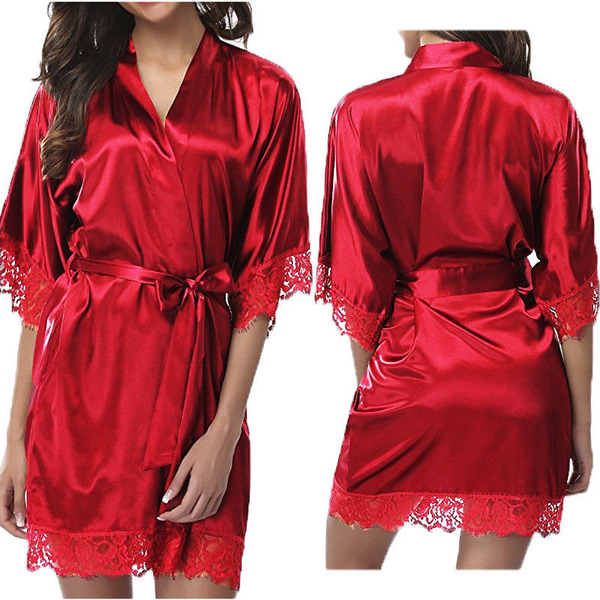 Ruixiang plus size sexy robe for women – ice silk lingerie bathrobe, featuring elegant red color with lace details, perfect f...