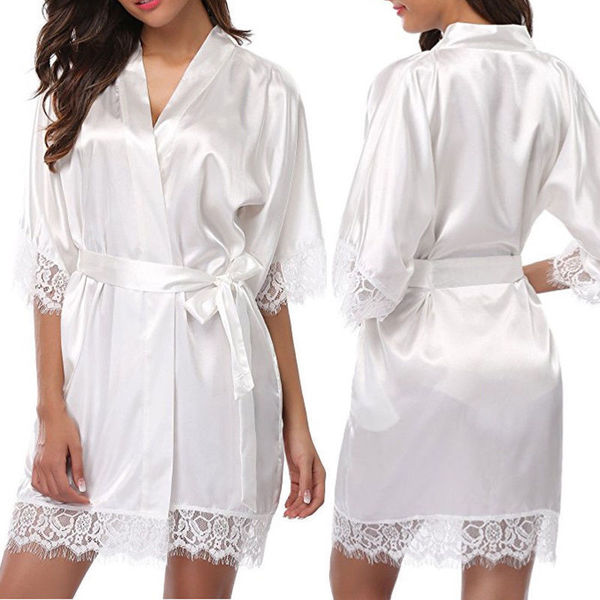 White ice silk robe with lace detailing, perfect for lounging and intimate wear. plus size design offers elegant alluring app...
