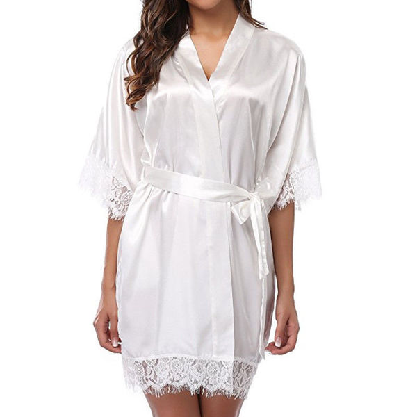 White ice silk robe with lace trim, perfect for lounging and intimate wear. plus size design offers elegant alluring appeal.