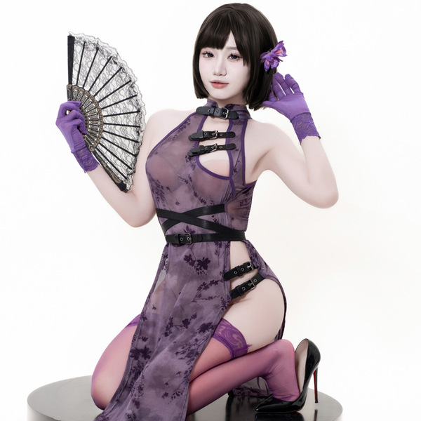 Ruiyun lace role play cheongsam lingerie - sheer mesh split dress with leather buckles & floral print