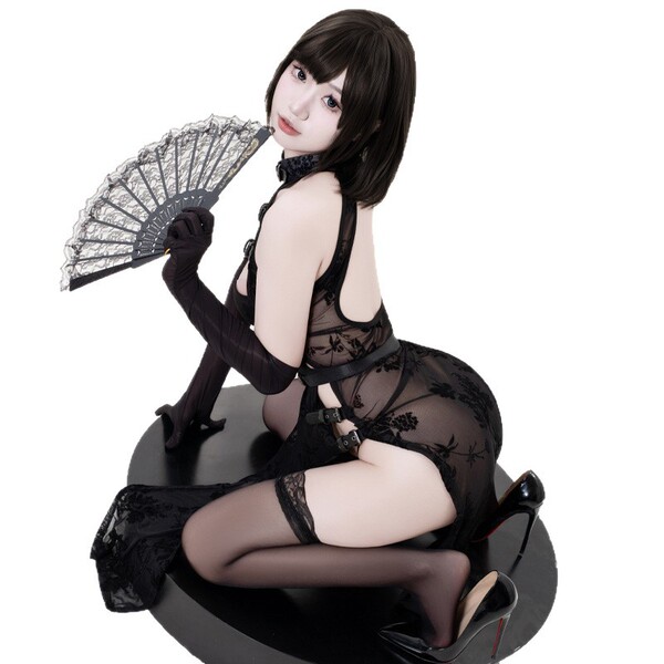 A detailed figurine of a character wearing a black lace role play cheongsam, featuring sheer mesh split dress with leather bu...