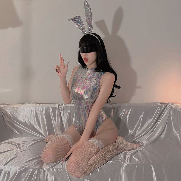 Sexy laser bunny girl outfit featuring tight bodysuit with open crotch design, perfect for cosplay, roleplay, and adult enter...