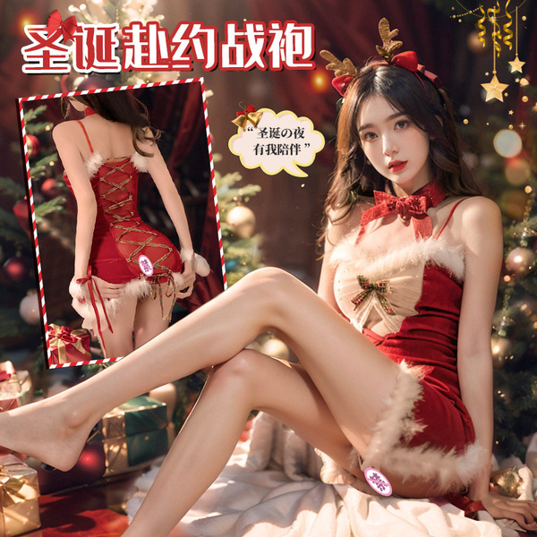 Sexy christmas dress with reindeer antlers, festive holiday outfit featuring lace-up design and fluffy details.