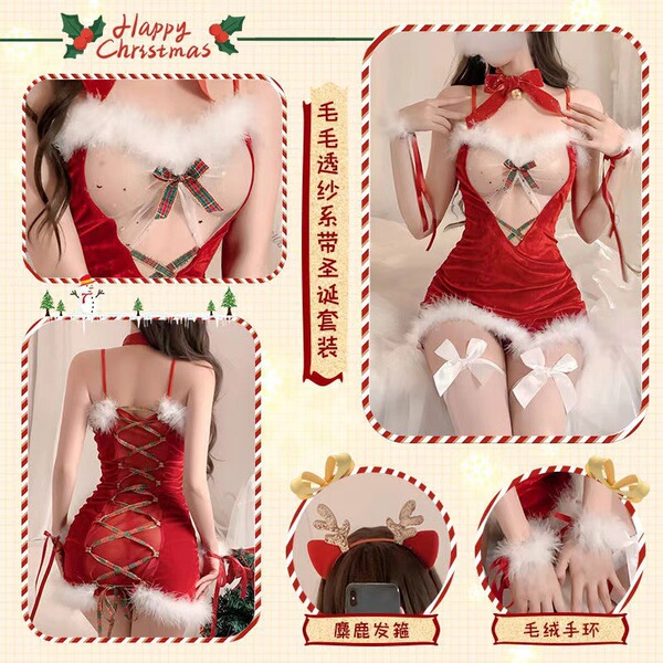 Ruolan christmas sexy lingerie set - no-remove seductive sleepwear for small bust, holiday costume outfit featuring festive r...