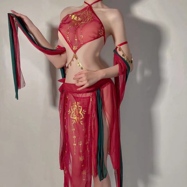 Ruolan sensual dunhuang flying apsara lingerie set – exotic hook-neck belly dance costume featuring intricate gold embroidery...