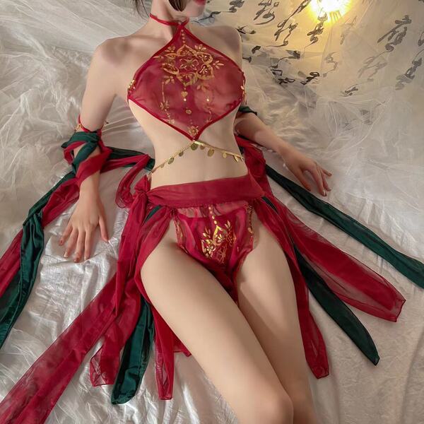 Ruolan sensual dunhuang flying apsara lingerie set – exotic hook-neck belly dance costume featuring intricate designs and flo...