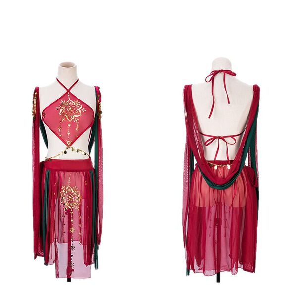 Ruolan sensual dunhuang flying apsara lingerie set – exotic hook-neck belly dance costume featuring intricate designs and flo...