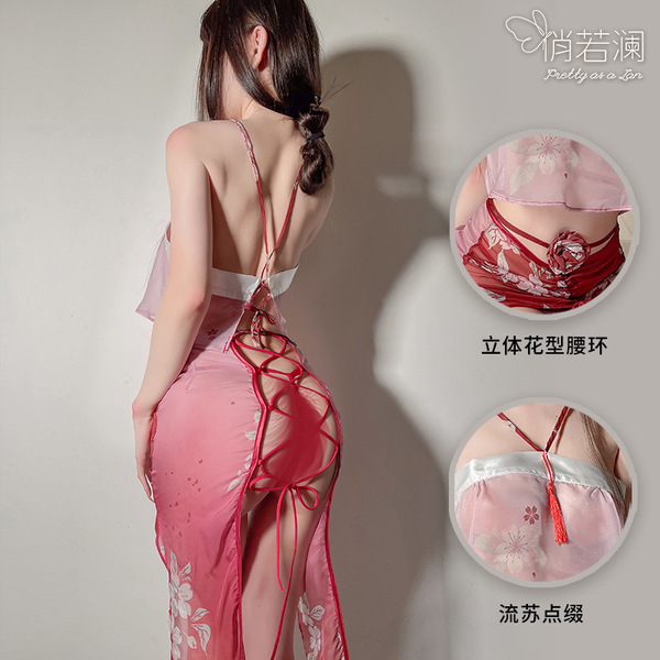 Ruolan sexy chinese-inspired lingerie set featuring sheer hanfu-style doudou, tie-strap skirt with traditional aesthetic desi...