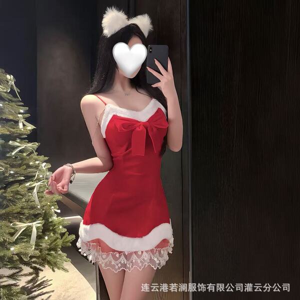 Sexy red velvet dress with bow and cat ears, perfect for christmas and new year live streaming.
