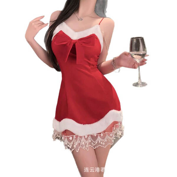 Sexy ruolan velvet cami slip dress with bow for christmas and new year live streaming