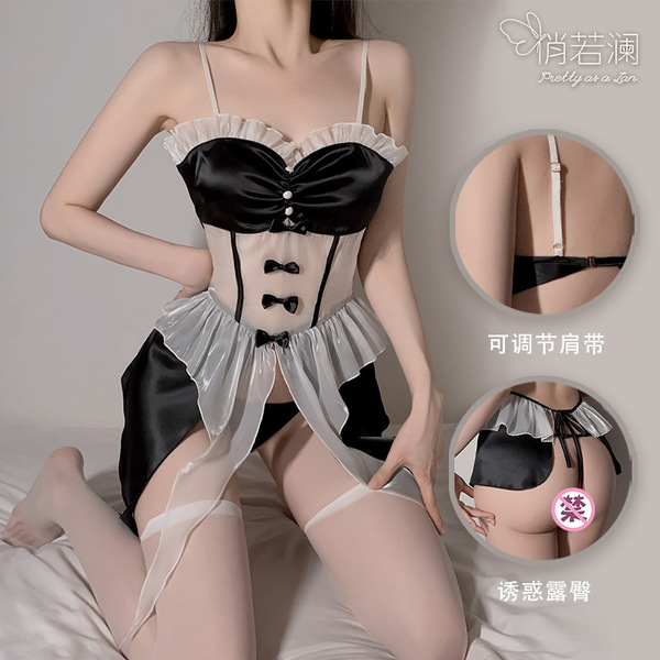 Sexy maid costume set featuring black and white design, open-crotch style, perfect for women seeking seductive allure.
