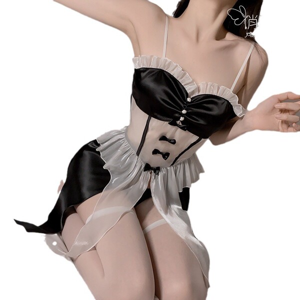 Sexy maid costume set featuring black satin bodice with ruffles, sheer skirt, and open-crotch design for women, perfect for s...
