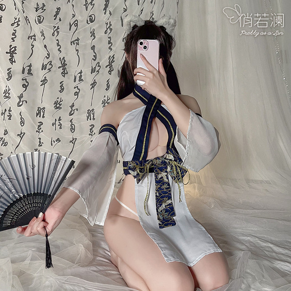 A woman poses with a fan, wearing a ruolan sexy oriental lingerie set featuring a japanese-inspired split-back kimono style o...