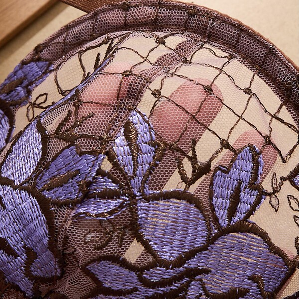 Close-up of russian lace sheer lingerie set with purple floral embroidery and delicate mesh detailing.