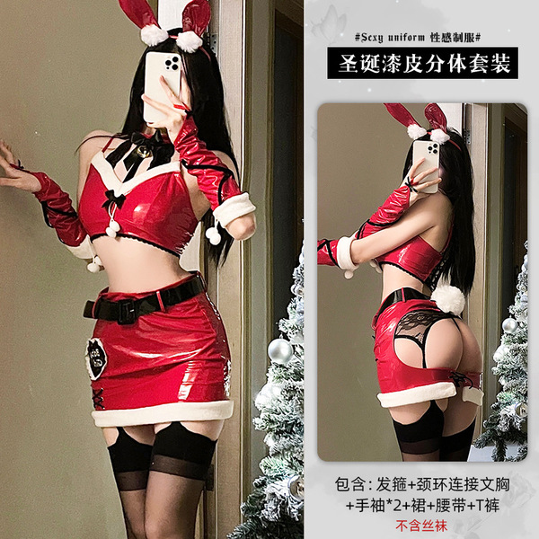 Xianyi Sexy Christmas Bunny Costume Set - Seductive Holiday Lingerie Outfit for Women, Festive Naughty Dress - S10 Set + W18 Black