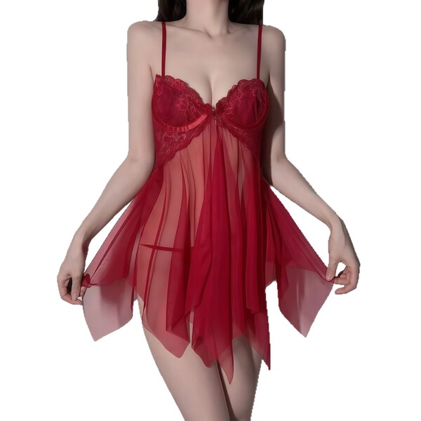 Sexy red lace see-through lingerie set featuring a no-remove bra and sheer panty, perfect for seductive sleepwear.
