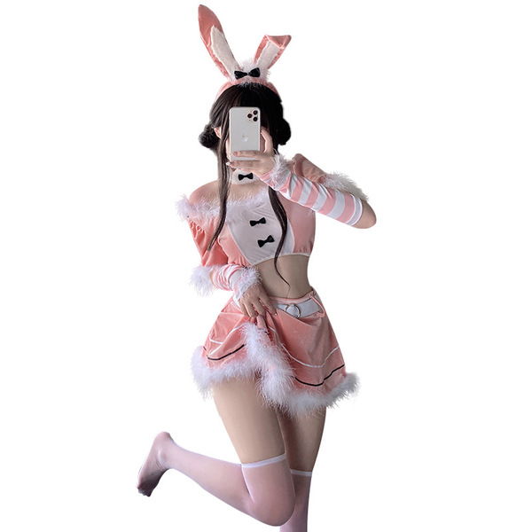 Sexy bunny costume for women featuring pink fur trim, bunny ears, and festive design perfect for live streams, parties, and c...