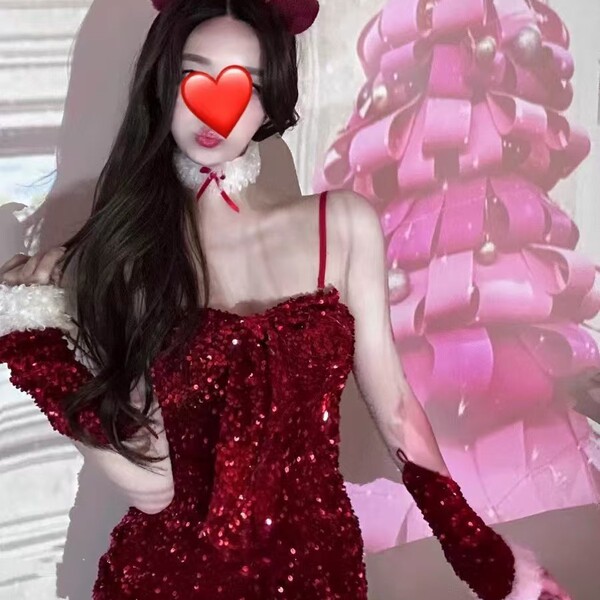Red sequin velvet nightgown with festive bow details, perfect for new year & christmas role play outfits.