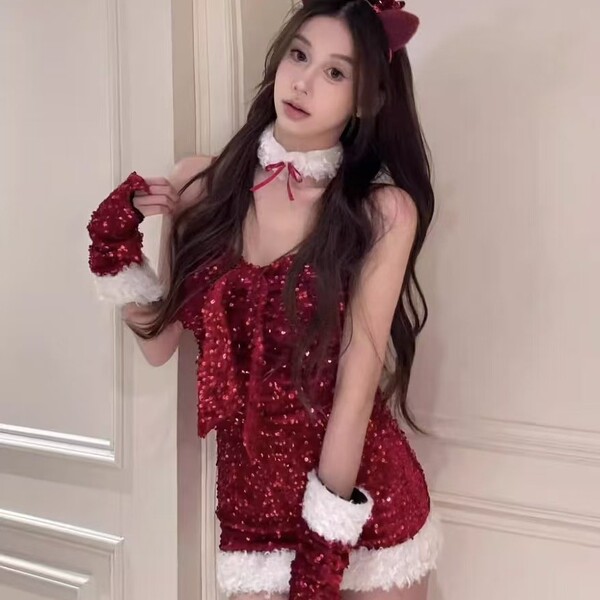 Sexy santa-themed costume set featuring velvet sequin nightgown with festive bow details, perfect for role play and holiday o...