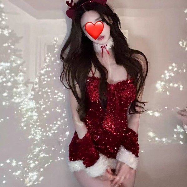 Red sequined velvet christmas costume set featuring festive nightgown with reindeer antlers and heart mask, perfect for holid...