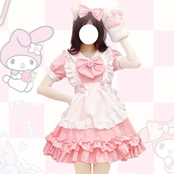 A cute maid dress featuring a large pink bow, ruffled layers, and playful design elements, perfect for lolita fashion enthusi...
