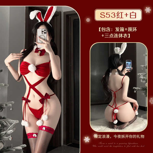 Red Lingerie Set 2025 New Year Outfit - Sexy Christmas Costume Sleepwear for Small Bust & Plus Size Women - S53 Red + W50 Black/Red
