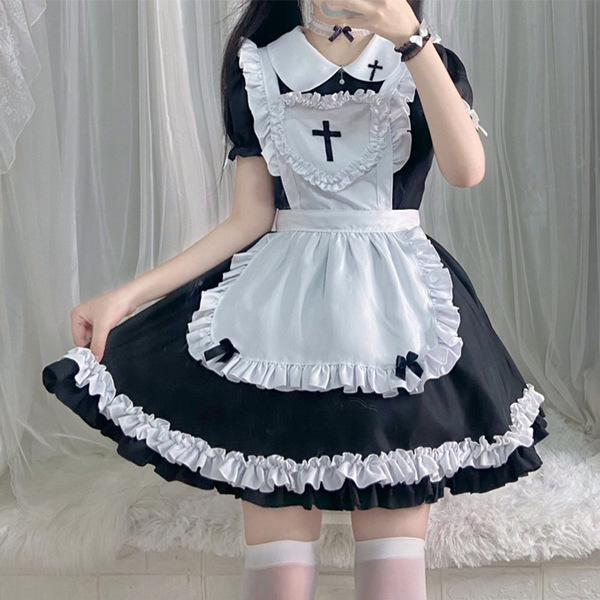 S5xl japanese maid dress - cute anime cosplay costume for women, classic short-sleeve maid outfit with white apron and ribbon...