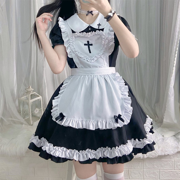 S5xl japanese maid dress - cute anime cosplay costume for women, classic short-sleeve maid outfit with white apron and ruffle...
