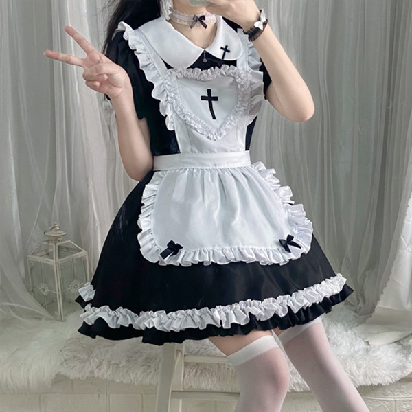 S5xl japanese maid dress - cute anime cosplay costume for women, classic short-sleeve maid outfit with white apron and ribbon...