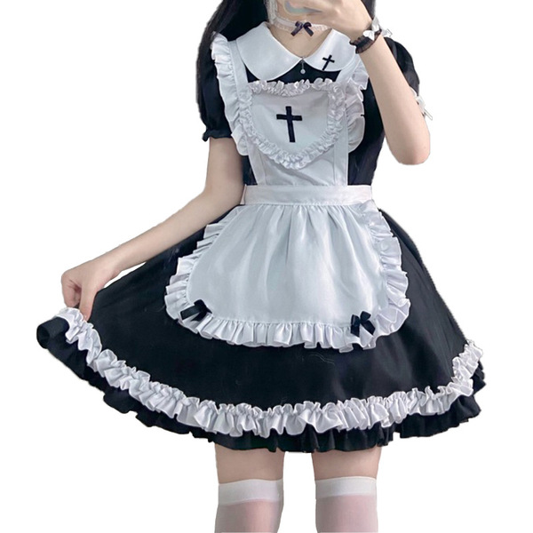 S5xl japanese maid dress - cute anime cosplay costume for women, classic short-sleeve maid outfit with white apron and ruffle...