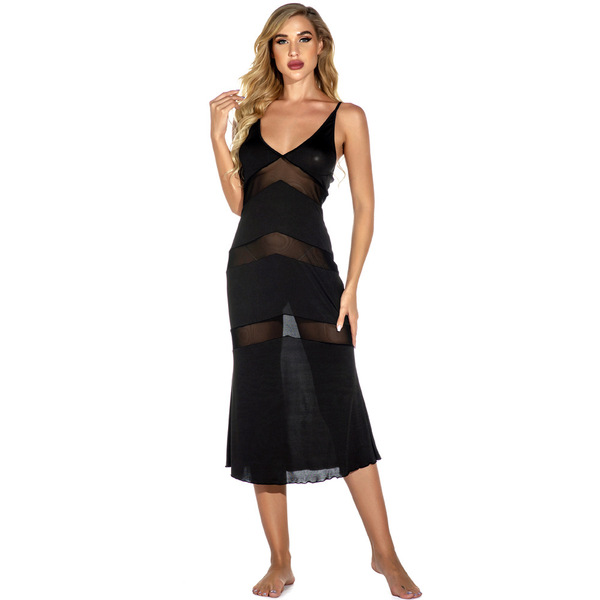 Sexy long nightgown for women featuring s6xl plus size design, elegant mesh lace slip dress with deep v-neckline and sheer pa...