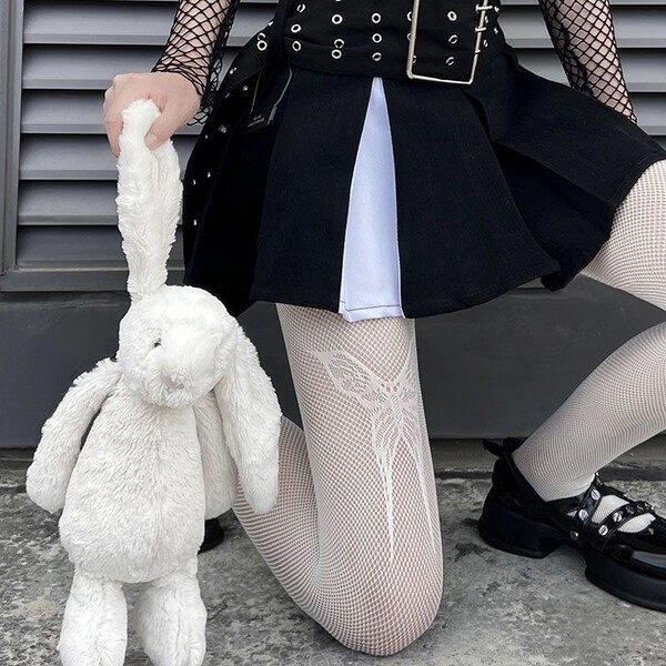 Genuine Yun Sexy Black & White Butterfly Pantyhose - Punk Lolita Mesh Stockings for Slimming & Millennial Style - S74 thigh-high butterfly fishnet stockings white