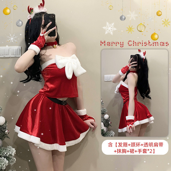 Red Lingerie Set 2025 New Year Outfit - Sexy Christmas Costume Sleepwear for Small Bust & Plus Size Women - S9 Red (Headpiece)